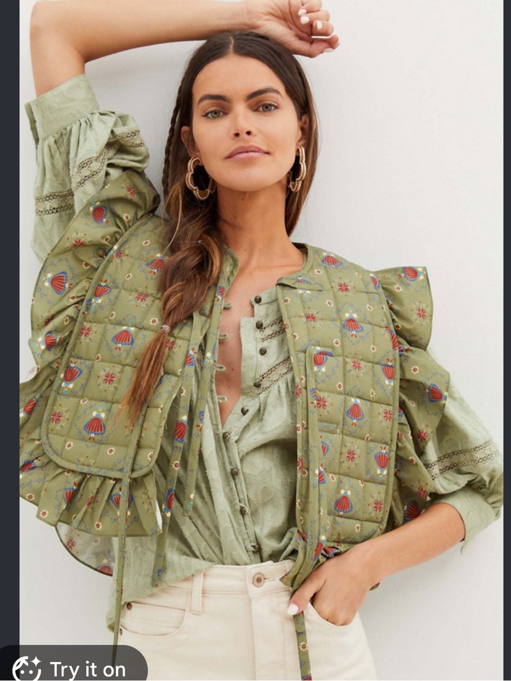 Caron Callahan Olive Green Floral Ruffle Tie Vest